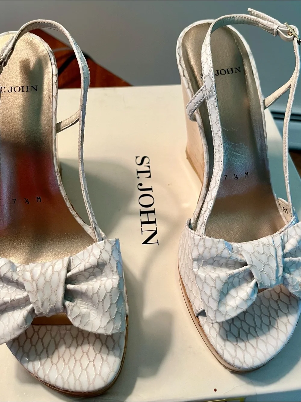 St. John White Textured Bow Wedge Sandals